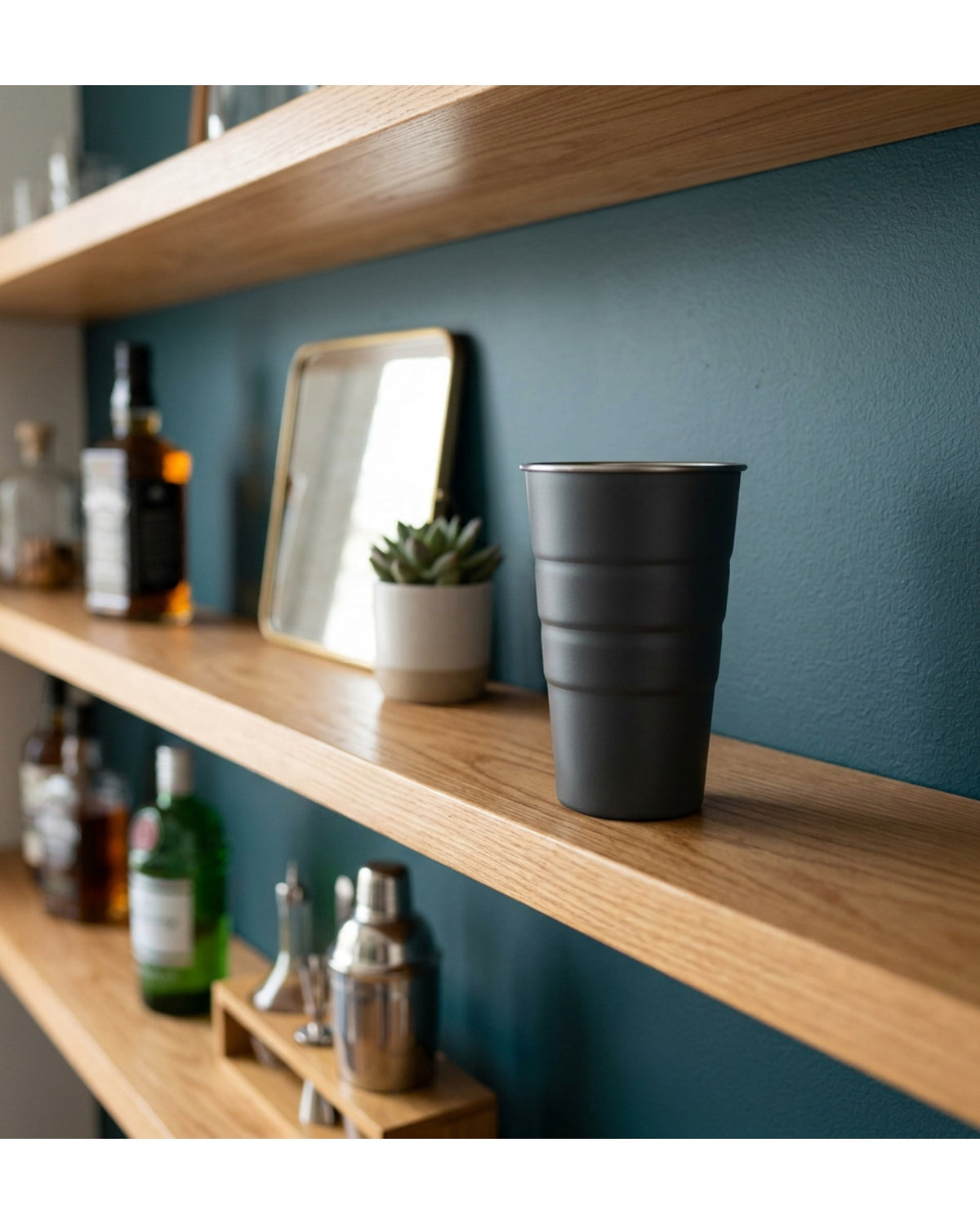 Btykd Ribbed Stackable Single-Wall Stainless Steel Beer Cup 20 oz Smoke Gray - Lifestyle view
